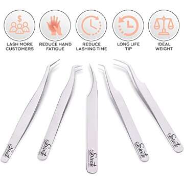 SIVOTE Eyelash Extension Tweezers for Classic & Volume Lashes, 5-Pack, Silver
