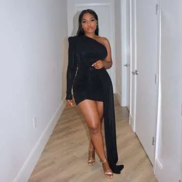 Fastkoala Sparkly Dresses for Women One Shoulder Glitter Ruched Sexy Long Sleeve Ruffles Party Wrap Bodycon Short Dress Black M