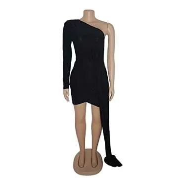 Fastkoala Sparkly Dresses for Women One Shoulder Glitter Ruched Sexy Long Sleeve Ruffles Party Wrap Bodycon Short Dress Black M