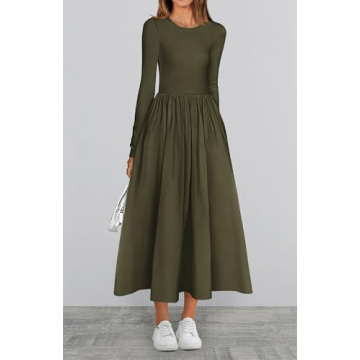 BTFBM Casual Long Sleeve Dresses Fall Dresses Solid Wedding Guest Dress Midi Dress Flowy Bohemian Long Dress(Solid Army Green,Small)