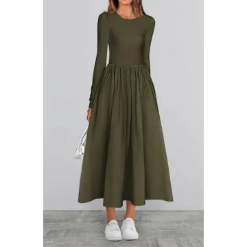 BTFBM Casual Long Sleeve Dresses Fall Dresses Solid Wedding Guest Dress Midi Dress Flowy Bohemian Long Dress(Solid Army Green,Small)