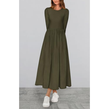 BTFBM Casual Long Sleeve Dresses Fall Dresses Solid Wedding Guest Dress Midi Dress Flowy Bohemian Long Dress(Solid Army Green,Small)
