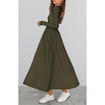 BTFBM Casual Long Sleeve Dresses Fall Dresses Solid Wedding Guest Dress Midi Dress Flowy Bohemian Long Dress(Solid Army Green,Small)