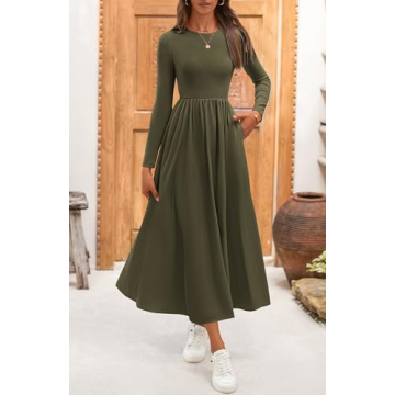 BTFBM Casual Long Sleeve Dresses Fall Dresses Solid Wedding Guest Dress Midi Dress Flowy Bohemian Long Dress(Solid Army Green,Small)