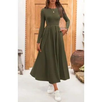 BTFBM Casual Long Sleeve Dresses Fall Dresses Solid Wedding Guest Dress Midi Dress Flowy Bohemian Long Dress(Solid Army Green,Small)