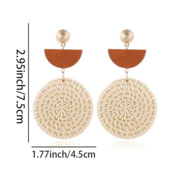 Bohemian Handmade Lightweight Rattan Earrings Geometric Wooden Woven Hollow Braid Hoop Drop Dangle Earrings For Women (Brown semi-circle White Round Rattan Earrings)