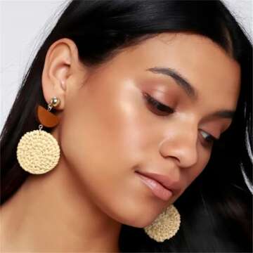 Bohemian Handmade Lightweight Rattan Earrings Geometric Wooden Woven Hollow Braid Hoop Drop Dangle Earrings For Women (Brown semi-circle White Round Rattan Earrings)
