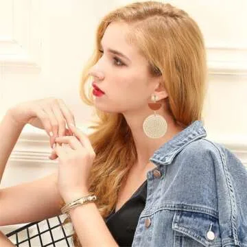 Bohemian Handmade Lightweight Rattan Earrings Geometric Wooden Woven Hollow Braid Hoop Drop Dangle Earrings For Women (Brown semi-circle White Round Rattan Earrings)