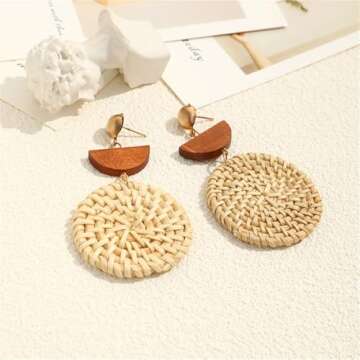 Bohemian Handmade Lightweight Rattan Earrings Geometric Wooden Woven Hollow Braid Hoop Drop Dangle Earrings For Women (Brown semi-circle White Round Rattan Earrings)