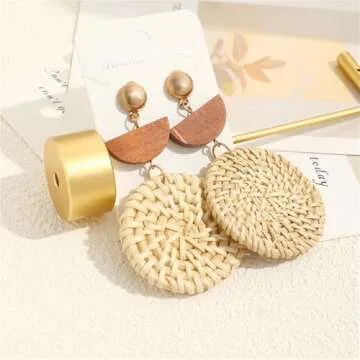 Bohemian Handmade Lightweight Rattan Earrings Geometric Wooden Woven Hollow Braid Hoop Drop Dangle Earrings For Women (Brown semi-circle White Round Rattan Earrings)