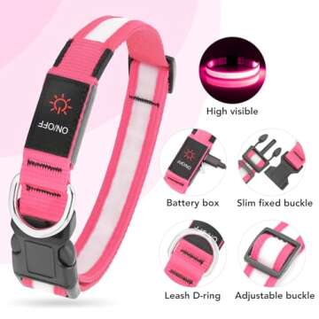 Vizpet LED Dog Collar, Light Up Dog Collar Adjustable USB Rechargeable Super Bright Safety Light Glowing Collars for Dogs (Medium, Pink)