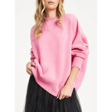 EVALESS Sweaters for Women Fashion 2024 Crewneck Batwing Sleeve Oversized Side Slit Ribbed Knit Pullover Sweater Tops