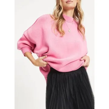 EVALESS Sweaters for Women Fashion 2024 Crewneck Batwing Sleeve Oversized Side Slit Ribbed Knit Pullover Sweater Tops