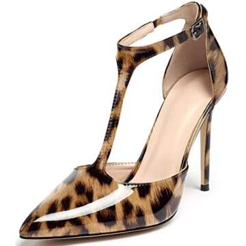 SAMMITOP Women's High Heel Ankle Strap Pumps T-bar Pointed Toe Shoes Animal Print Sandals Leopard 5 M US