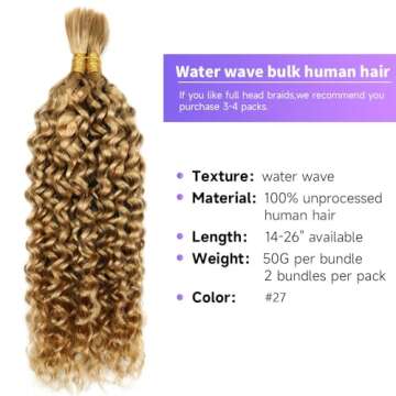 Human Braiding Hair Water Wave Bulk Human Hair For Braiding 100g (1pack-2bundles) No Weft 100% Unpro...
