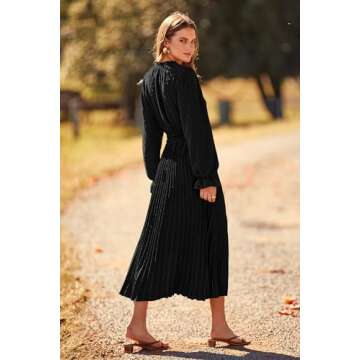 PRETTYGARDEN Women's 2024 Fall Midi Dress Casual Long Sleeve V Neck Swiss Dot Pleated A Line Flowy D...