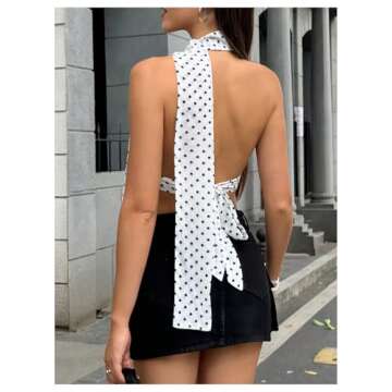 Floerns Women's Polka Dots Tie Front Tops Backless Camisole Tie Back Cami Top with Ribbon White Larg...