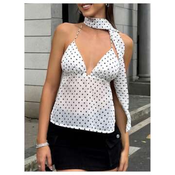 Floerns Women's Polka Dots Tie Front Tops Backless Camisole Tie Back Cami Top with Ribbon White Large