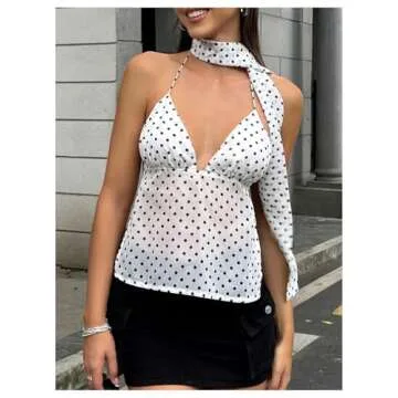 Floerns Women's Polka Dots Tie Front Tops Backless Camisole Tie Back Cami Top with Ribbon White Large