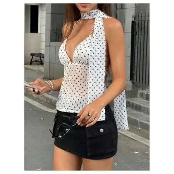 Floerns Women's Polka Dots Tie Front Tops Backless Camisole Tie Back Cami Top with Ribbon White Large