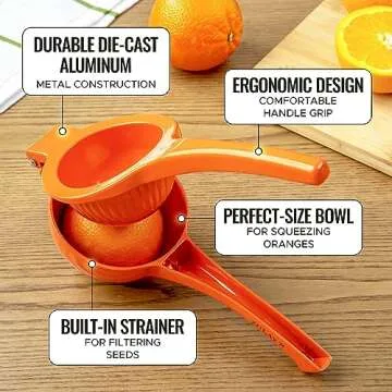 Zulay Premium Quality Metal Orange Squeezer, Citrus Juicer, Manual Press for Extracting the Most Juice Possible - Orange Juicer (Orange)