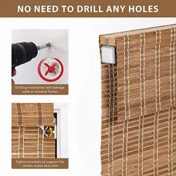 LazBlinds No Tools No Drill Cordless Bamboo Roman Shades, Light Filtering Window Treatment, Roll Up Bamboo Blinds for Window 20'' W x 64'' H, Brown