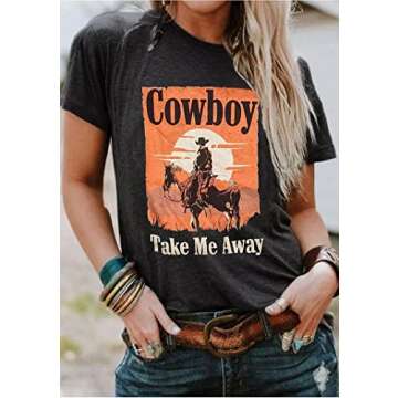 Cowboy Take Me Away T-Shirt for Women Western Cowboy Vintage Graphic Tees Travel Tops (Dark Grey, Small)