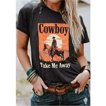 Cowboy Take Me Away T-Shirt for Women Western Cowboy Vintage Graphic Tees Travel Tops (Dark Grey, Small)