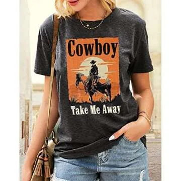 Cowboy Take Me Away T-Shirt for Women Western Cowboy Vintage Graphic Tees Travel Tops (Dark Grey, Small)