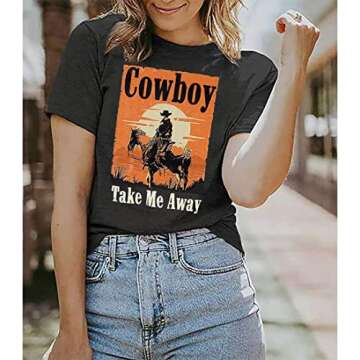 Cowboy Take Me Away T-Shirt for Women Western Cowboy Vintage Graphic Tees Travel Tops (Dark Grey, Small)