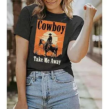 Cowboy Take Me Away T-Shirt for Women Western Cowboy Vintage Graphic Tees Travel Tops (Dark Grey, Small)
