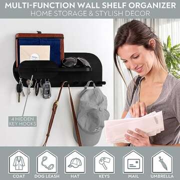 Black Solid Wood Mail and Key Holder for Wall Decorative Display - Includes Mail Holder, Shelf with ...