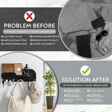 Black Solid Wood Mail and Key Holder for Wall Decorative Display - Includes Mail Holder, Shelf with Hooks for Keys & Pegs for Hanging Hats, Coats, Bags, Backpacks & More - Sleek Modern Design