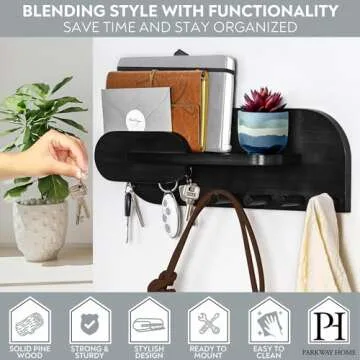 Black Solid Wood Mail and Key Holder for Wall Decorative Display - Includes Mail Holder, Shelf with Hooks for Keys & Pegs for Hanging Hats, Coats, Bags, Backpacks & More - Sleek Modern Design