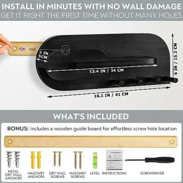 Black Solid Wood Mail and Key Holder for Wall Decorative Display - Includes Mail Holder, Shelf with Hooks for Keys & Pegs for Hanging Hats, Coats, Bags, Backpacks & More - Sleek Modern Design