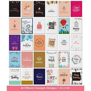 Dessie 60 Unique Birthday Cards Assortment 5x7 with Generic Birthday Greetings Inside. Suitable For ...