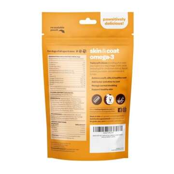 Skin and Coat Supplement for Dogs | Nourishing Omega 3 for Dogs with EPA DHA Krill Oil and Vitamin E | Dog Skin and Coat Supplement | 1 Chew up to 75lbs | NASC Certified & Made in The USA | 90 Chews