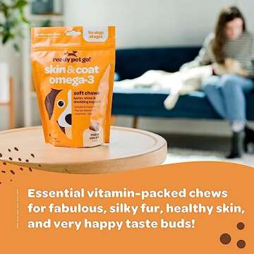 Skin and Coat Supplement for Dogs | Nourishing Omega 3 for Dogs with EPA DHA Krill Oil and Vitamin E | Dog Skin and Coat Supplement | 1 Chew up to 75lbs | NASC Certified & Made in The USA | 90 Chews