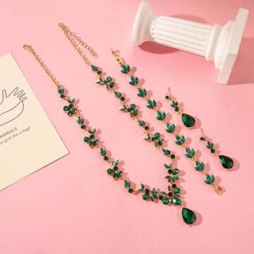 Paxuan Bridal Wedding Elegant Floral Jewelry Set for Women/Brides/Bridesmaids Crystal Jewelry Set for Wedding Prom Party Bridal Crystal Necklace Earrings Bracelet Set (Emerald Green (Gold))