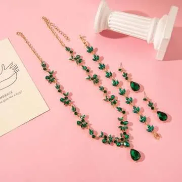 Paxuan Bridal Wedding Elegant Floral Jewelry Set for Women/Brides/Bridesmaids Crystal Jewelry Set for Wedding Prom Party Bridal Crystal Necklace Earrings Bracelet Set (Emerald Green (Gold))