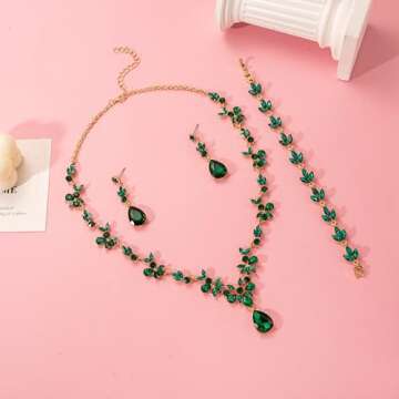 Paxuan Bridal Wedding Elegant Floral Jewelry Set for Women/Brides/Bridesmaids Crystal Jewelry Set for Wedding Prom Party Bridal Crystal Necklace Earrings Bracelet Set (Emerald Green (Gold))