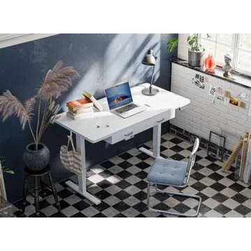 FEZIBO 48 x 24 Inches Standing Desk with Double Wooden Drawers, Adjustable Height Electric Standing Desk, Stand Up Home Office Desk with Splice Tabletop, White Frame/White Top