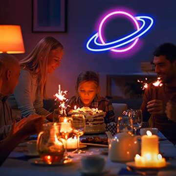 Neon Signs - JTLMEEN Planet Neon Sign, LED Neon Light Sign for Wall Decor, USB Powered Aesthetic Neon Signs for Bedroom, Cool Room, Kids Room, Bar, Festival, Birthday, Wedding, Party Decoration