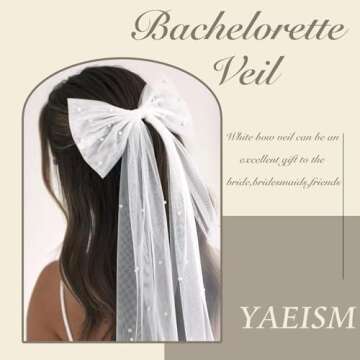 YAEISM Short Wedding Veil Bridal Bow Veil White Pearl Tulle Hair Clip Bachelorette Party Hair Bows V...