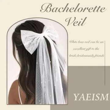 YAEISM Short Wedding Veil Bridal Bow Veil White Pearl Tulle Hair Clip Bachelorette Party Hair Bows V...