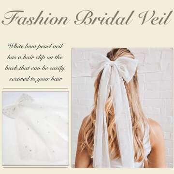 YAEISM Short Wedding Veil Bridal Bow Veil White Pearl Tulle Hair Clip Bachelorette Party Hair Bows Veil Bridesmaid Bride Costume Hair Accessories for Women and Girls
