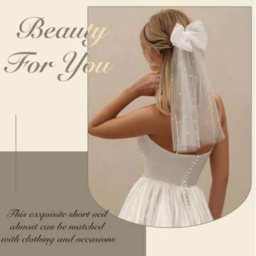 YAEISM Short Wedding Veil Bridal Bow Veil White Pearl Tulle Hair Clip Bachelorette Party Hair Bows Veil Bridesmaid Bride Costume Hair Accessories for Women and Girls