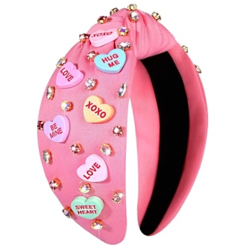NVENF Valentine’s Day Headband for Women Love Heart Headband Jeweled Crystal Rhinestone Knotted He...