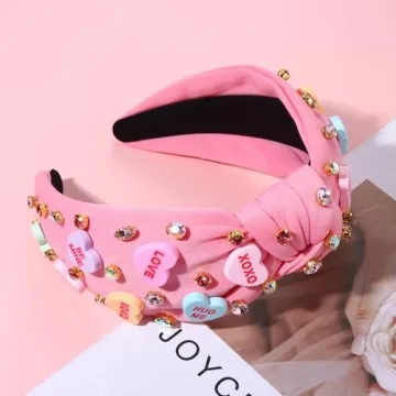 NVENF Valentine’s Day Headband for Women Love Heart Headband Jeweled Crystal Rhinestone Knotted Headband Red Pink Wide Top Knot Headband Valentine’s Day Hair Accessories Gifts (Letter 1 - Pink)