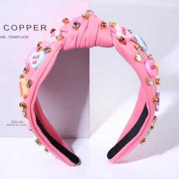 NVENF Valentine’s Day Headband for Women Love Heart Headband Jeweled Crystal Rhinestone Knotted Headband Red Pink Wide Top Knot Headband Valentine’s Day Hair Accessories Gifts (Letter 1 - Pink)